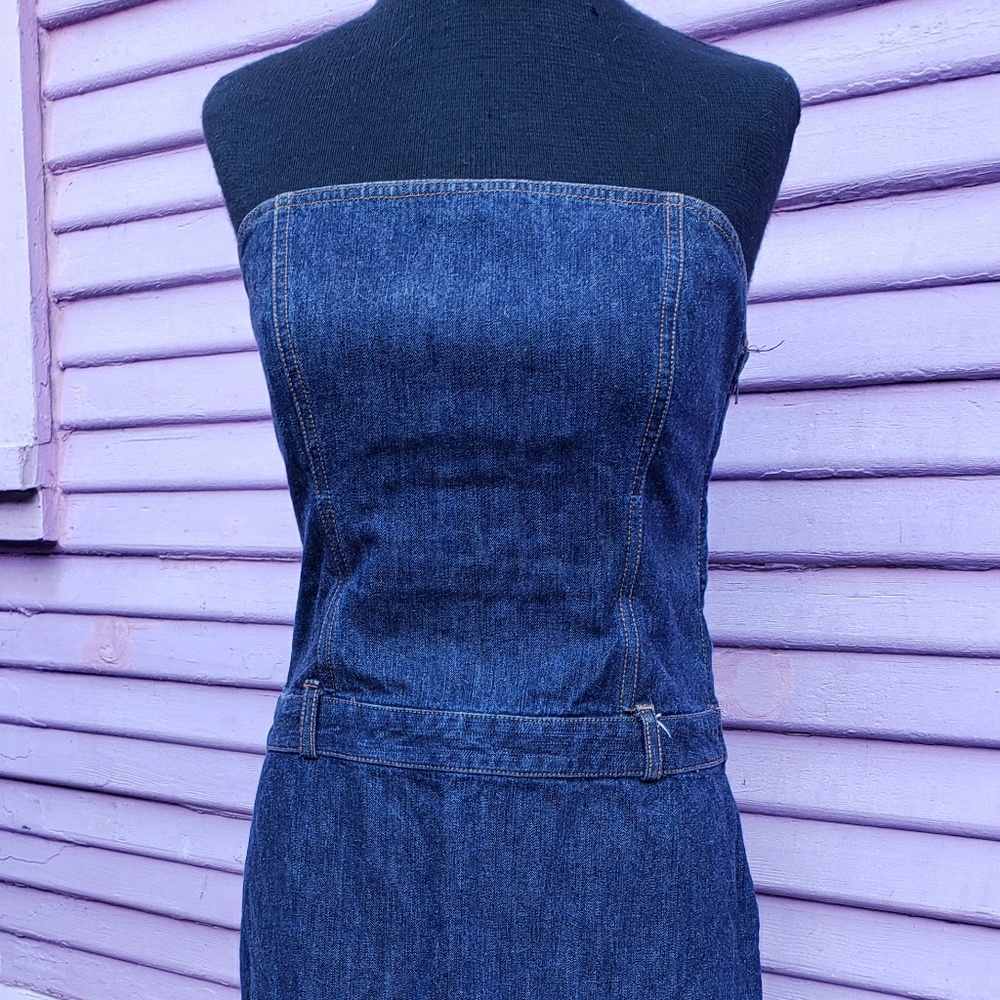 Strapless fitted body con denim dress by J Crew